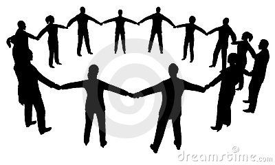 Menschen bilden einen Kreis und halten sich an den Händen für Gemeinschaft und Zusammenhalt.