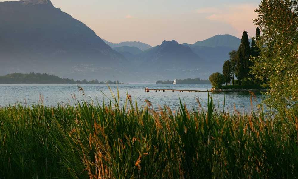 Ruhige Wasserlandschaft mit Segelboot und Bergen – RentPilot